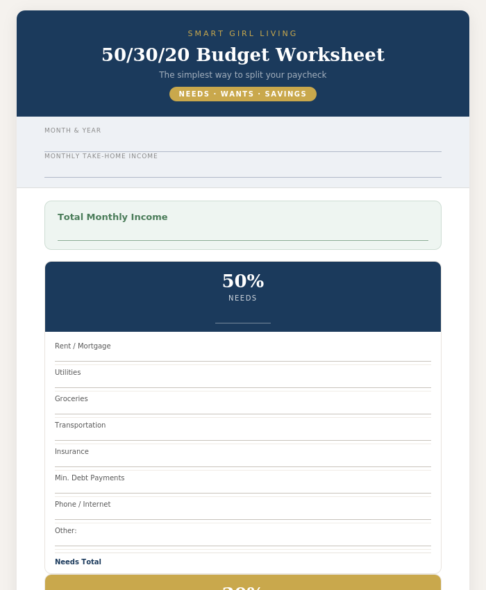 50/30/20 Budget Worksheet